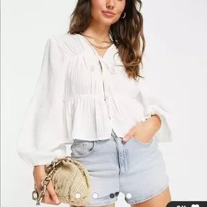 ASOS DESIGN natural crinkle long sleeve blouse with tie front